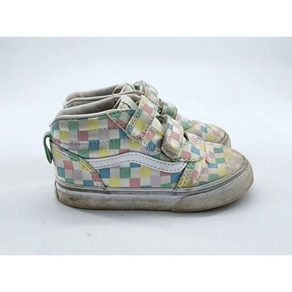 Vans Hi Top Skate Sneaker Shoes Hook & Loop Straps Pastel Check Toddler‎ Size 8